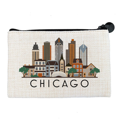 Chicago Illinois Cityscape Graphic Skyline Flat Coin Purse Zipper Gift Credit Card Pouch