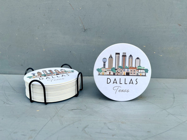 Dallas Texas Skyline Paper Pulp Board Coasters | Set of 15 With Black Metal Stand | Absorbent Disposable Reusable Party Bar Coasters