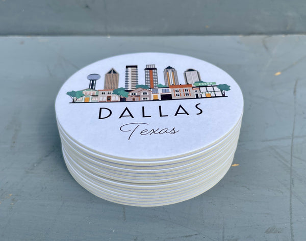 Dallas Texas Skyline Paper Pulp Board Coasters | Set of 15 With Black Metal Stand | Absorbent Disposable Reusable Party Bar Coasters
