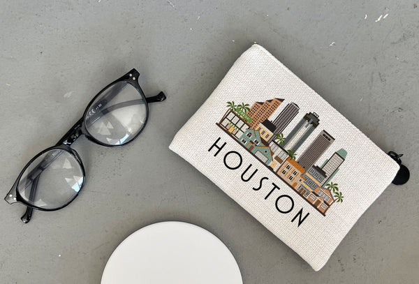 Houston Texas Cityscape Graphic Skyline Flat Coin Purse Zipper Gift Credit Card Pouch