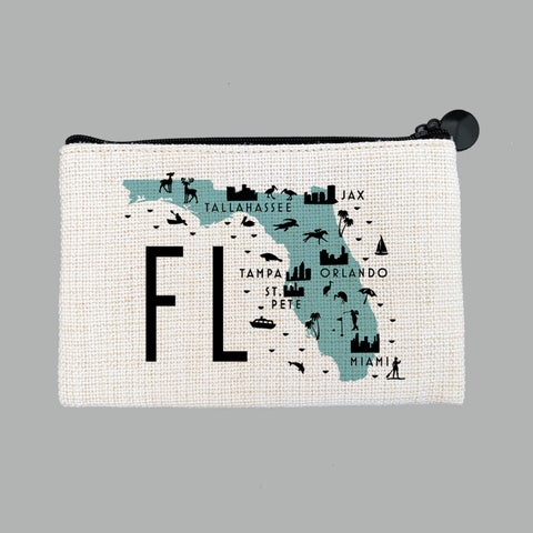 Florida Icon Map Flat Coin Purse Zipper Gift Credit Card Pouch