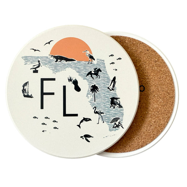 Coaster with 'FL' design featuring beach scenes on a white background
