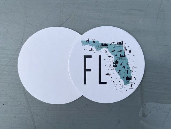 Florida State Icon Map Paper Pulp Board Coasters | Set of 15 With Black Metal Stand | Absorbent Disposable Reusable Party Bar Coasters