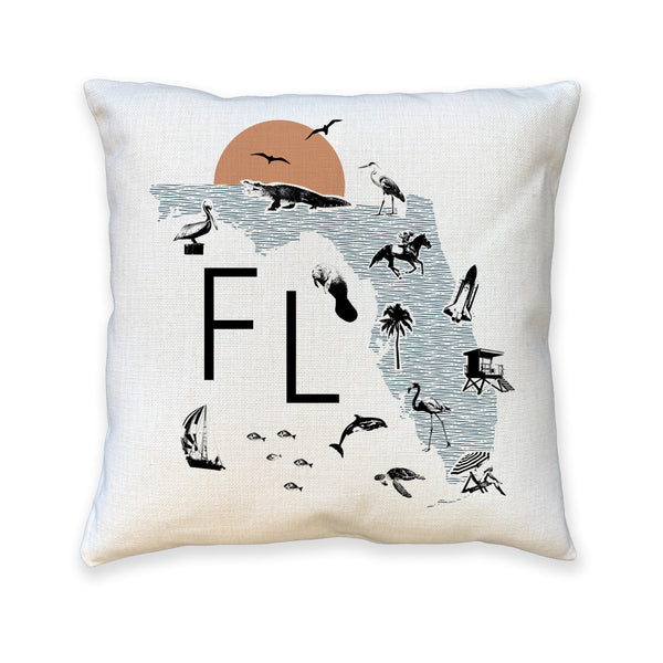 Pillow with a map of Florida and various icons on a white background