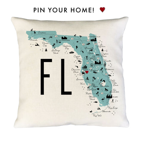 Florida State Icon Map Pillow Cover | Pin-Your-Home Pillow Cover Decorative Throw Pillow Cushion Sham