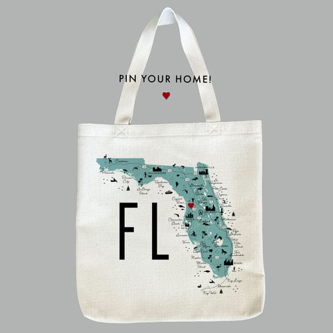 Florida Icon Map Tote Bag with Heart Pin | Shopping Tote Beach Bag