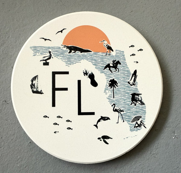 Florida Collage with Icons Absorbent Flat Ceramic Coaster with Cork Backing