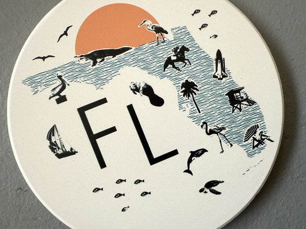 Florida Collage with Icons Absorbent Flat Ceramic Coaster with Cork Backing