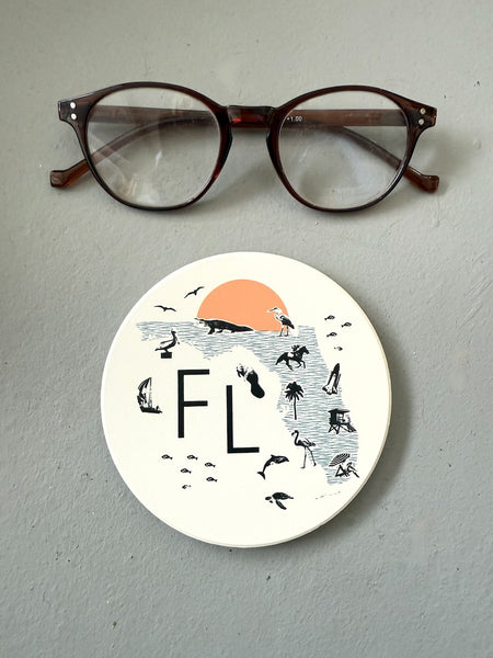 Florida Collage with Icons Absorbent Flat Ceramic Coaster with Cork Backing