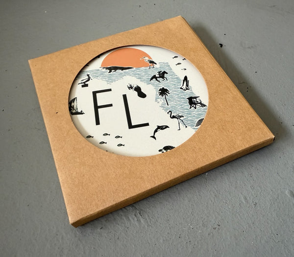 Florida Collage with Icons Absorbent Flat Ceramic Coaster with Cork Backing
