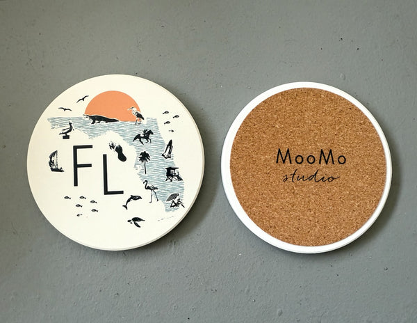 Florida Collage with Icons Absorbent Flat Ceramic Coaster with Cork Backing