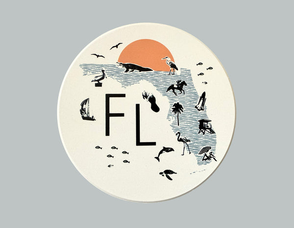 Florida Collage with Icons Absorbent Flat Ceramic Coaster with Cork Backing