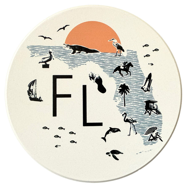 Florida Collage with Icons Absorbent Flat Ceramic Coaster with Cork Backing