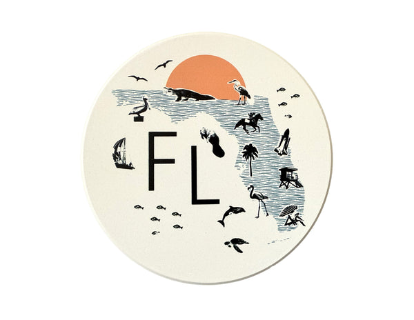 Florida Collage with Icons Absorbent Flat Ceramic Coaster with Cork Backing