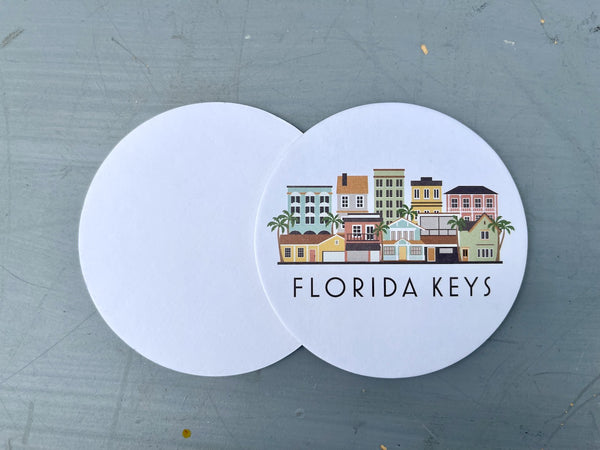 Florida Keys Skyline Paper Pulp Board Coasters | Set of 15 With Black Metal Stand | Absorbent Disposable Reusable Party Bar Coasters