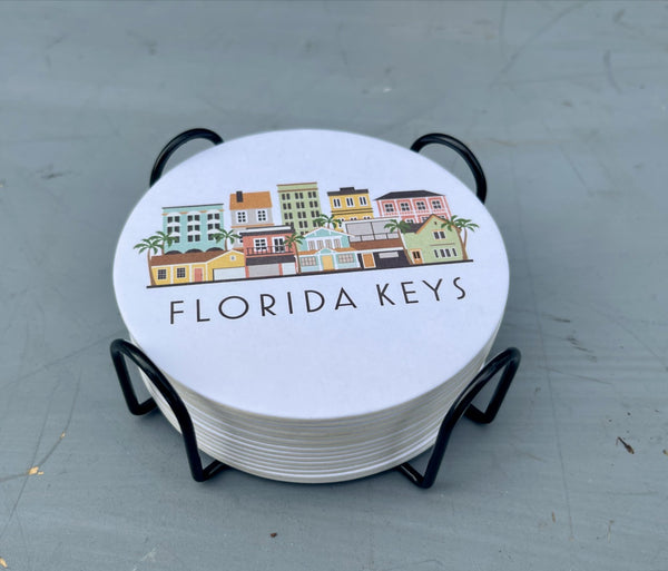 Florida Keys Skyline Paper Pulp Board Coasters | Set of 15 With Black Metal Stand | Absorbent Disposable Reusable Party Bar Coasters