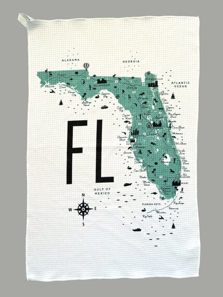 Florida State Icon Map with Cities Microfiber Kitchen Towel Graphic Print