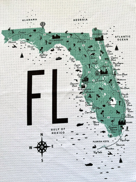 Florida State Icon Map with Cities Microfiber Kitchen Towel Graphic Print