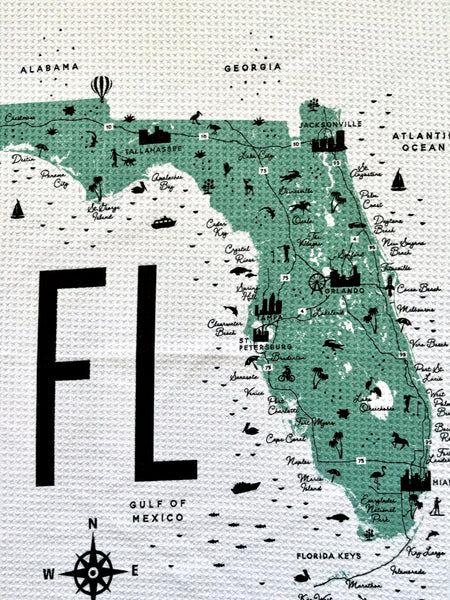 Florida State Icon Map with Cities Microfiber Kitchen Towel Graphic Print