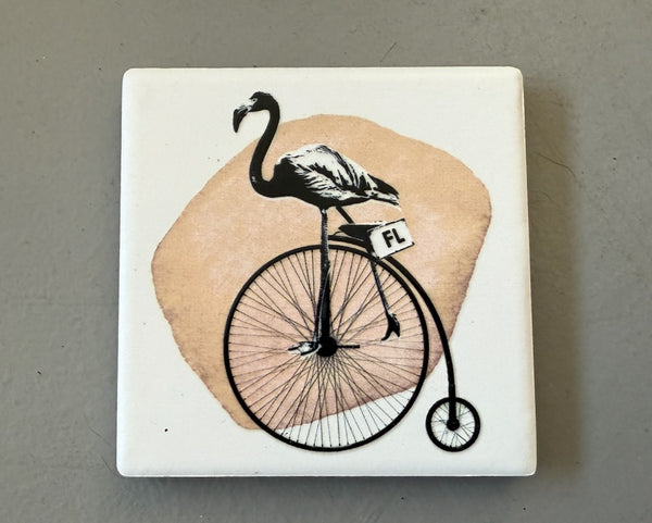 Flamingo Riding Bike Ceramic Fridge Magnet
