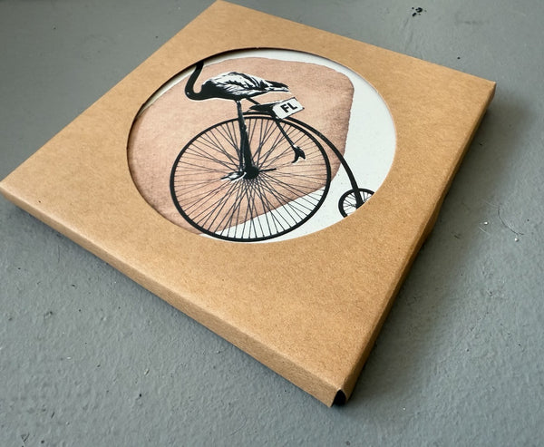 Flamingo Riding Bike Absorbent Flat Ceramic Coaster with Cork Backing
