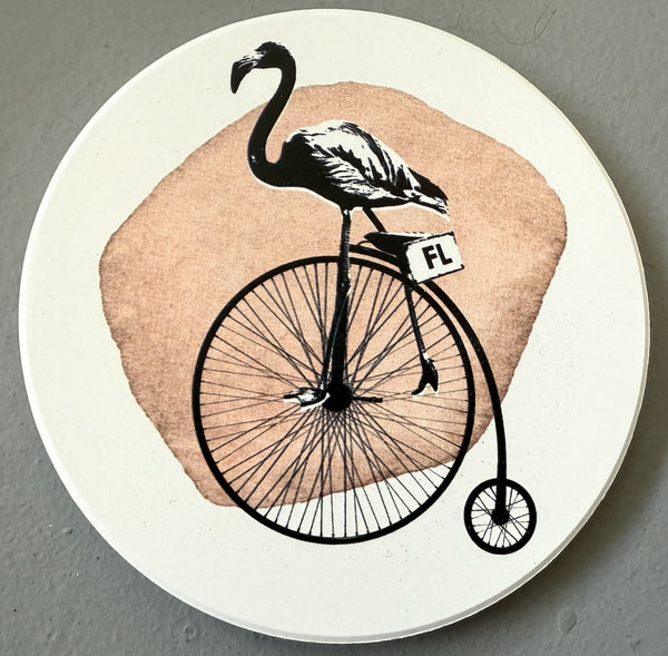 Flamingo Riding Bike Absorbent Flat Ceramic Coaster with Cork Backing