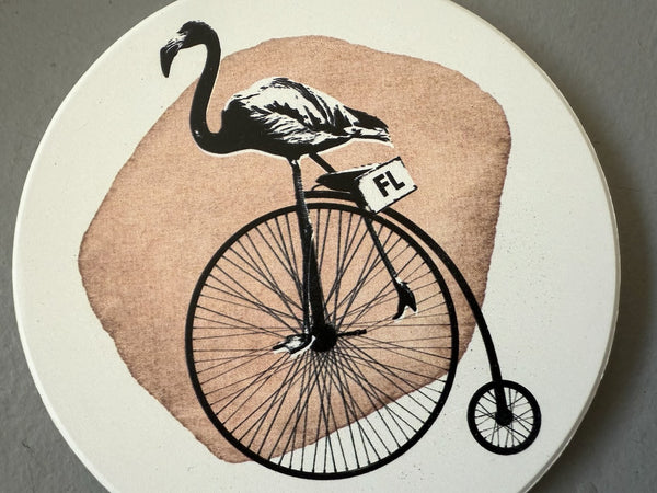 Flamingo Riding Bike Absorbent Flat Ceramic Coaster with Cork Backing