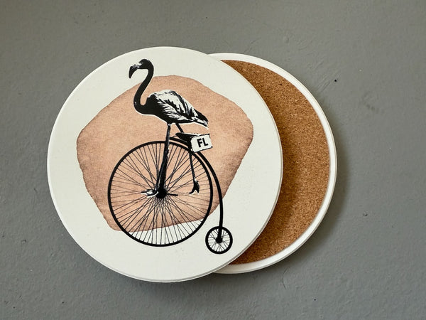 Flamingo Riding Bike Absorbent Flat Ceramic Coaster with Cork Backing