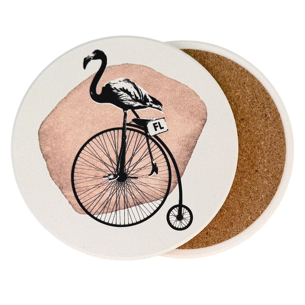 Coaster with flamingo on vintage bicycle design on a white background