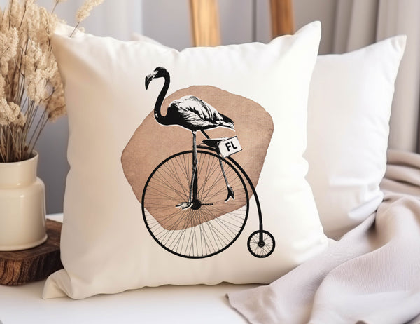 Flamingo Riding Bike Pillow Cover | Decorative Throw Pillow Cushion Sham