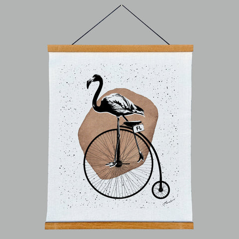 Flamingo on Bicycle Unicycle Florida Vintage Collage Fabric Print with Wooden Hanging Frame | Wall Hanging Tapestry Scroll (Copy)