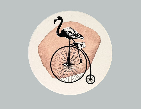 Flamingo Riding Bike Absorbent Flat Ceramic Coaster with Cork Backing