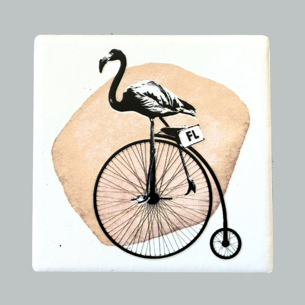 Flamingo riding a vintage bicycle on a beige background