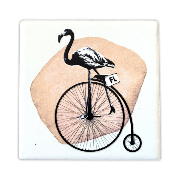 Flamingo riding a vintage bicycle with 'FL' license plate.