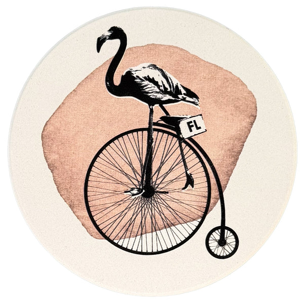 Flamingo Riding Bike Absorbent Flat Ceramic Coaster with Cork Backing