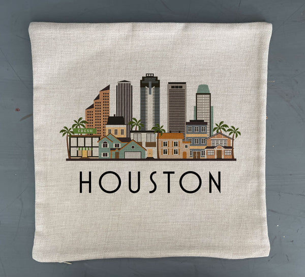 Houston Texas Skyline Pillow Cover | Graphic Decorative Throw Pillow Cushion Sham