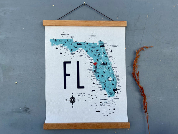 Florida State Illustrated Icon Map Fabric Print with Wooden Hanging Frame | Wall Hanging Tapestry Scroll