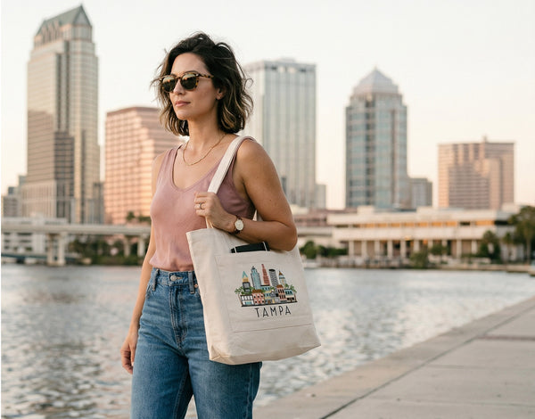 Tampa Florida Skyline Graphic Pocket Tote Bag | TPA Shopping Tote Beach Bag