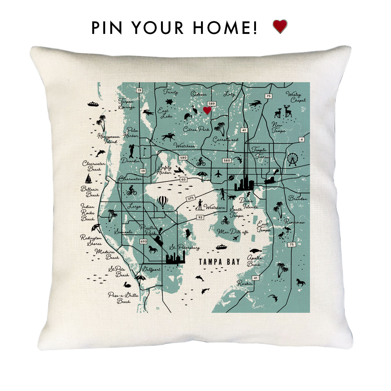 Tampa Bay Area Pin-Your-Home Map Pillow Cover | Icon Decorative Throw Pillow Cushion Sham