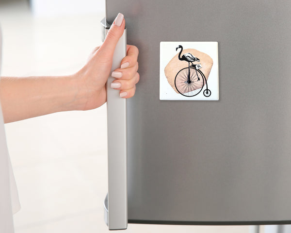 Flamingo Riding Bike Ceramic Fridge Magnet
