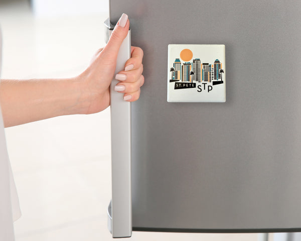 St. Petersburg Florida White Geometric Skyline Ceramic Fridge Magnet