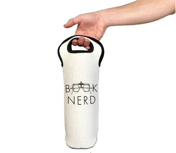 Hand holding a white wine bottle bag with 'Book Nerd' text on a white background
