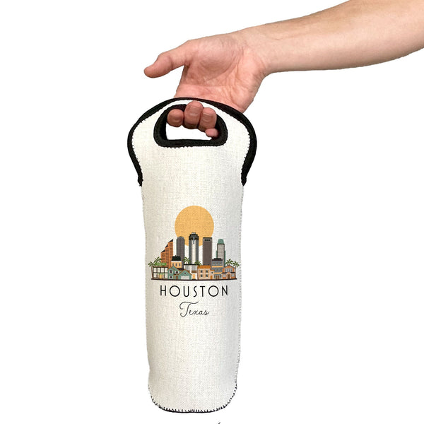 Hand holding a white wine bottle bag with Houston, Texas design on a white background