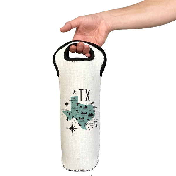 Hand holding a white wine bottle bag with 'TX' and map design on a white background