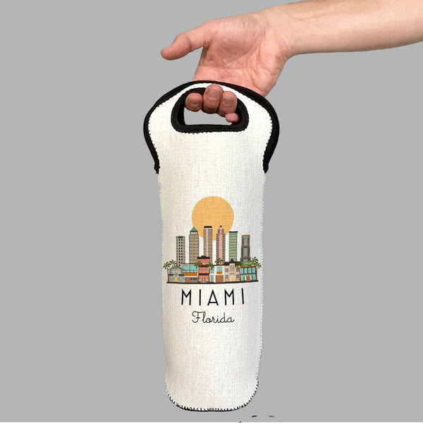 Miami Florida Skyline Wine Carrier Tote Neoprene Lining Liquor Bottle Cooler