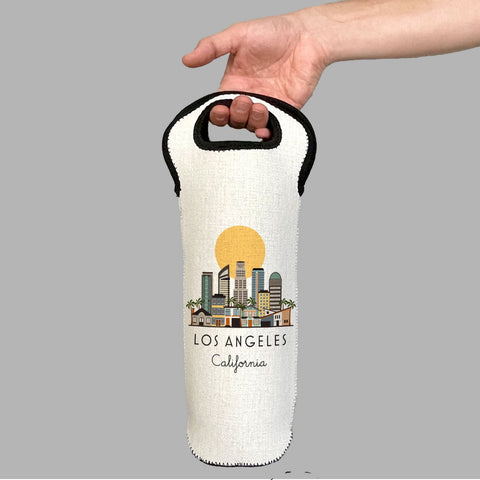 Los Angeles California Skyline Wine Carrier Tote Neoprene Lining Liquor Bottle Cooler