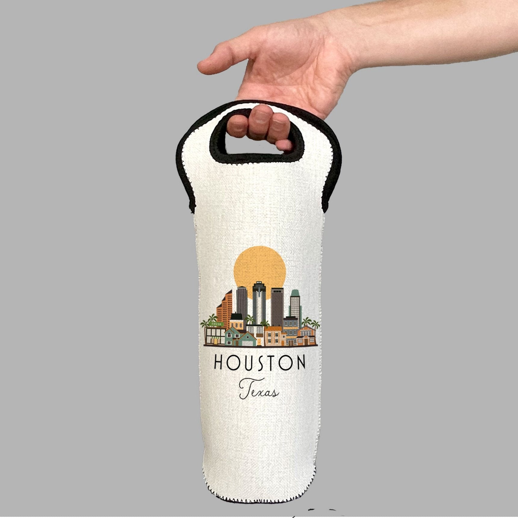 Houston Texas Skyline Wine Carrier Tote Neoprene Lining Liquor Bottle Cooler