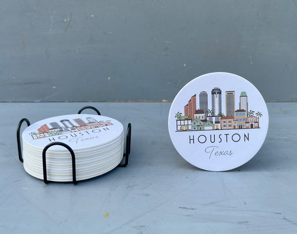 Houston Texas Skyline Paper Pulp Board Coasters | Set of 15 With Black Metal Stand | Absorbent Disposable Reusable Party Bar Coasters