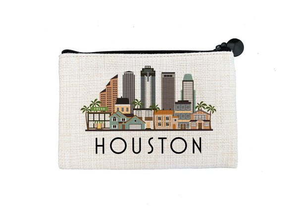 Houston Texas Cityscape Graphic Skyline Flat Coin Purse Zipper Gift Credit Card Pouch