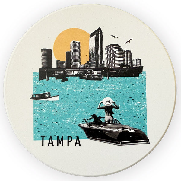 Tampa Florida Collage Skyline Absorbent Flat Ceramic Coaster with Cork Backing